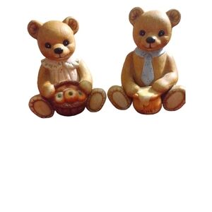 Vintage 1980 Homco Bear Couple  Ceramic Figurines -Apple Basket & Honey Pot